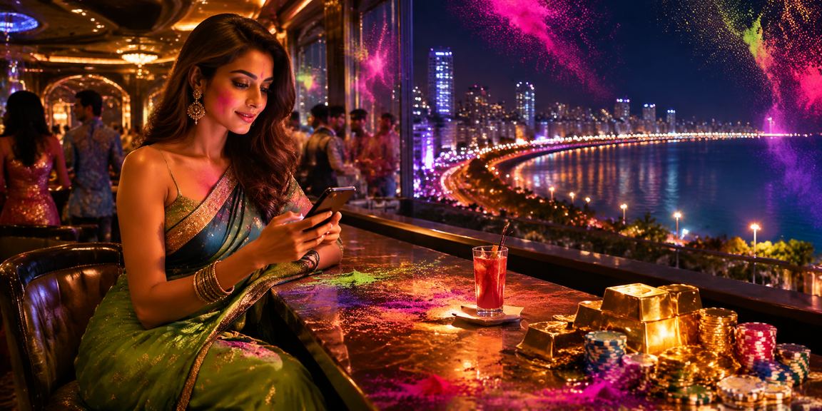 Mumbai Marine Drive view with players enjoying Teen Patti on mobile
